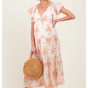 Pink Blush Peach Floral Flutter Sleeve Tiered Maternity Maxi Dress